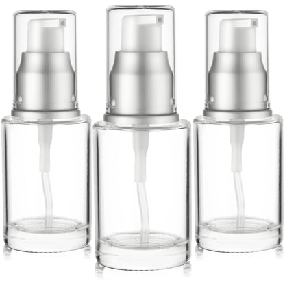 VitalUp 1 Oz 30ml Refillable Glass Lotion Pump Bottle with Silver Cap – Pack of 3