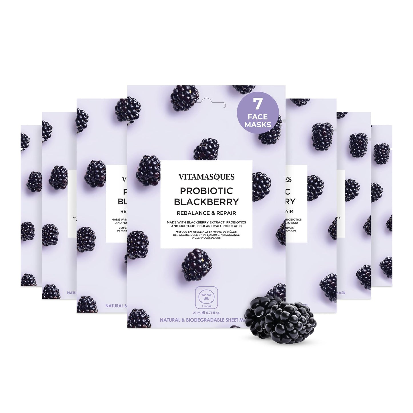 Vitamasques Probiotic Blackberry Face Sheet Mask 7-Pack – Hydration, MMHA & Biodegradable Korean Skincare