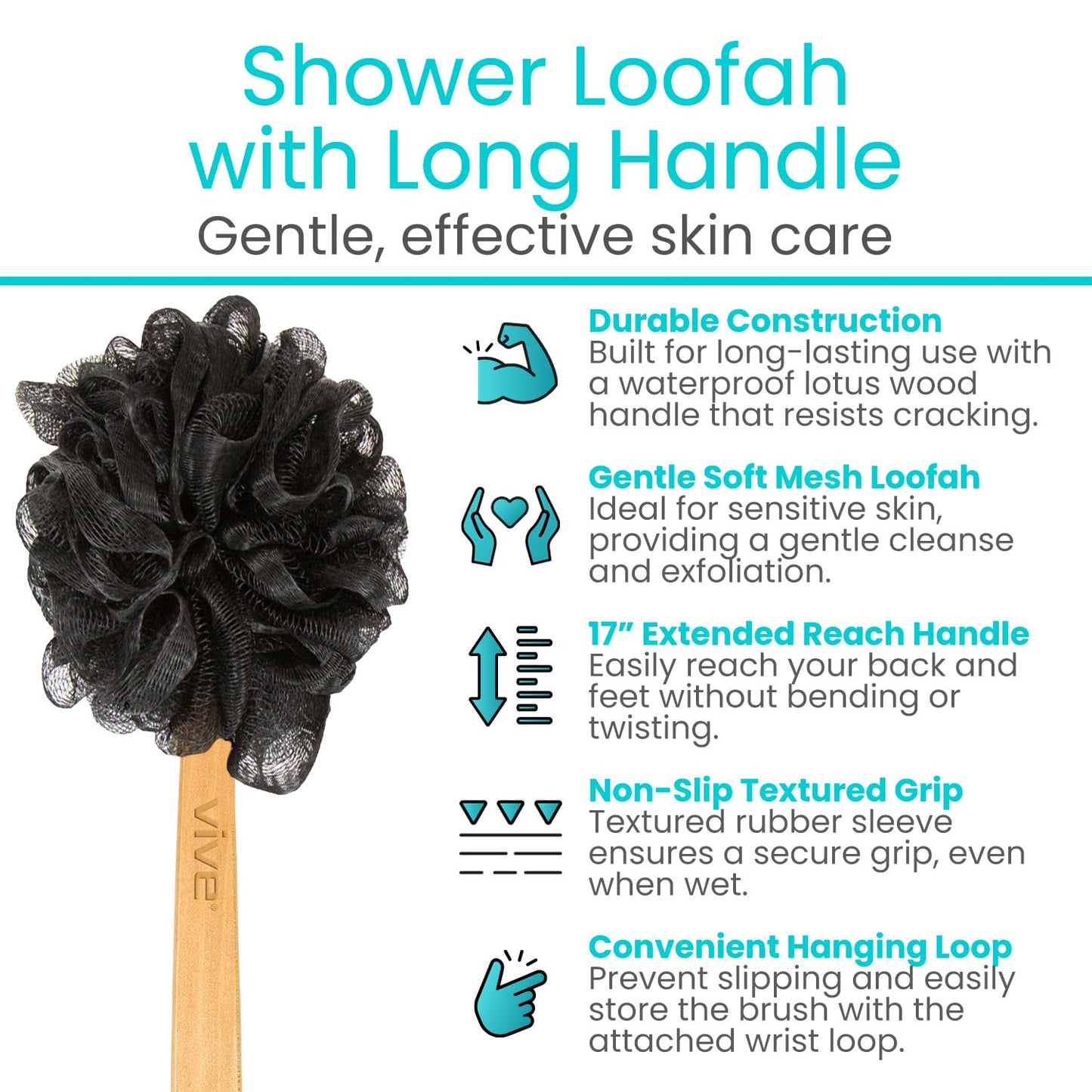 Vive 17-Inch Shower Loofah with Long Handle – Back & Body Scrubber