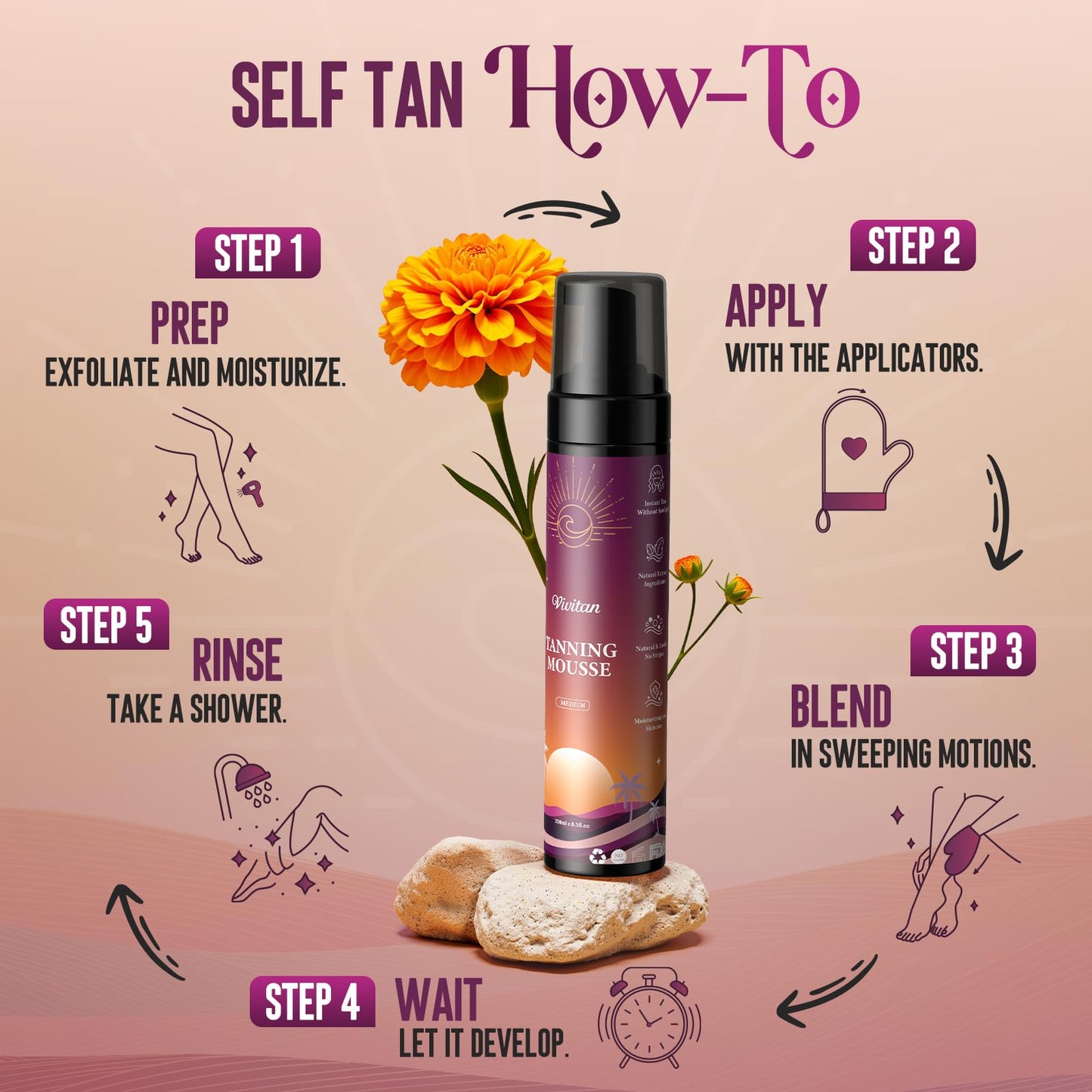 VIVITAN Self Tanner Mousse – Medium Bronze Sunless Tan, Vegan, Odorless, Buildable Glow