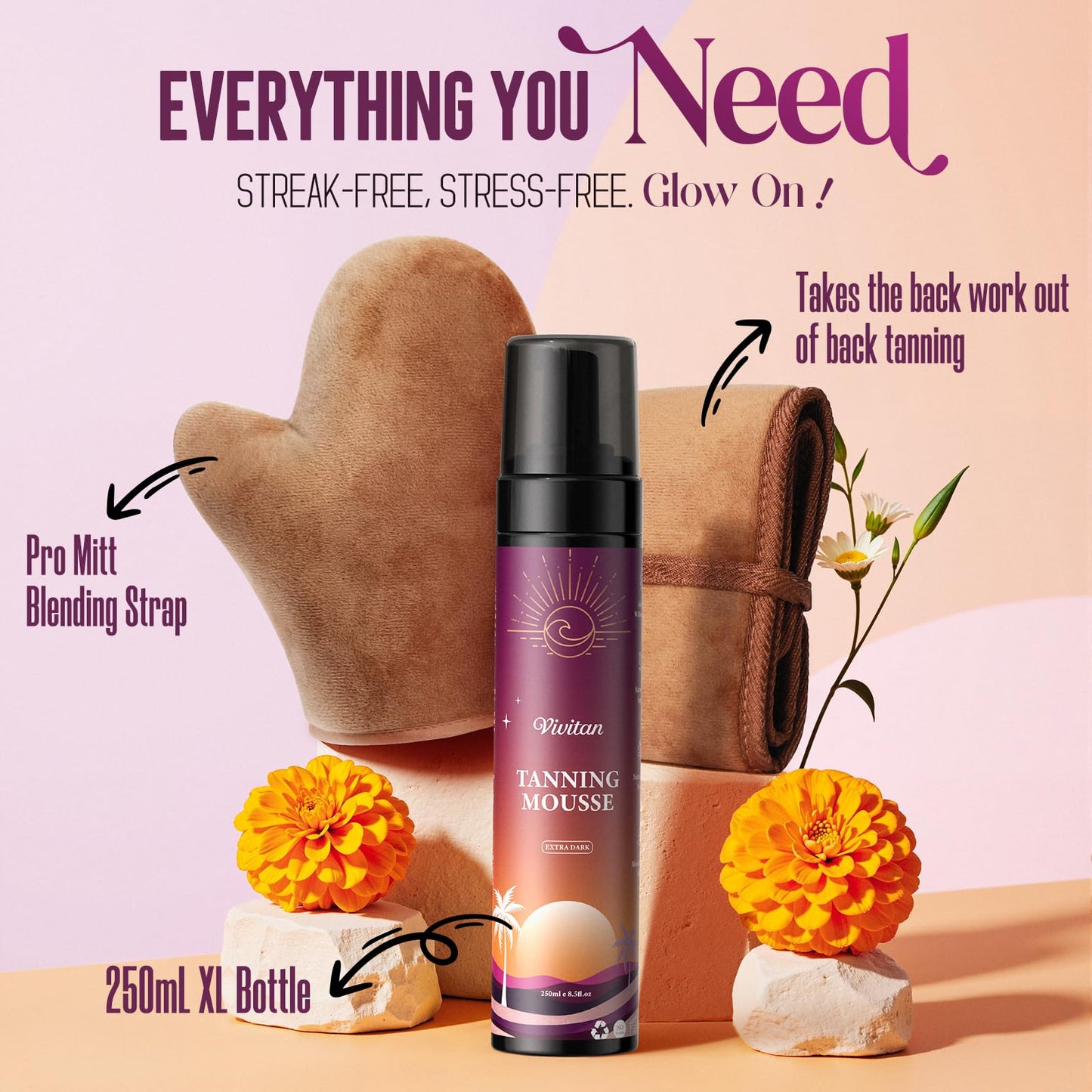 VIVITAN Self Tanner Mousse Kit – 250mL XL + Pro Tools | 1-Hour Express Bronze, No Orange