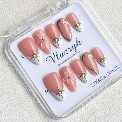 Vlazryk Short Brown French Tip Press-On Nails – 3D Metallic Rhinestones, Reusable (10 PCS)