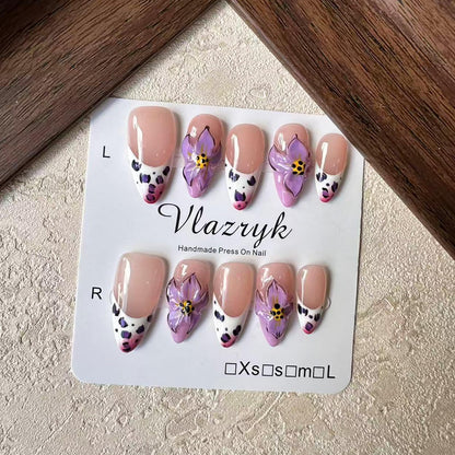 Vlazryk Luxury Handmade Press On Nails – Purple French Almond with 3D Flowers, Autumn-Winter Gradient (10pcs)