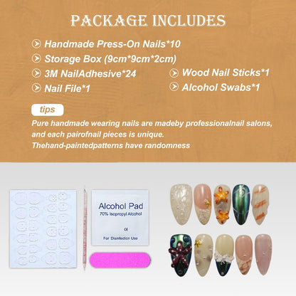 Vlazryk Short Brown French Tip Press-On Nails – 3D Metallic Rhinestones, Reusable (10 PCS)