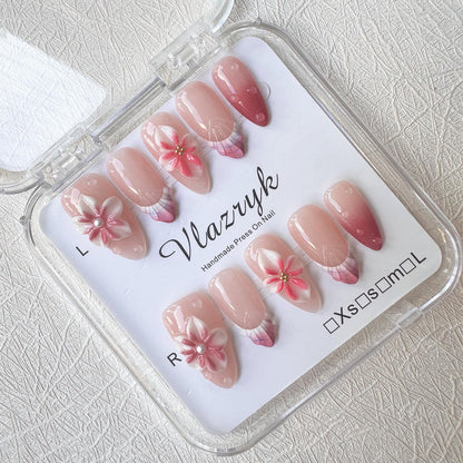 Vlazryk Flower Press Nails – Medium Almond, 3D Ripple Pearl with Gold Chrome Tips