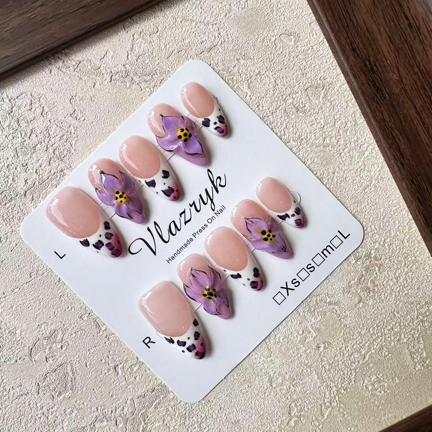 Vlazryk Luxury Handmade Press On Nails | Purple French Almond with 3D Flowers