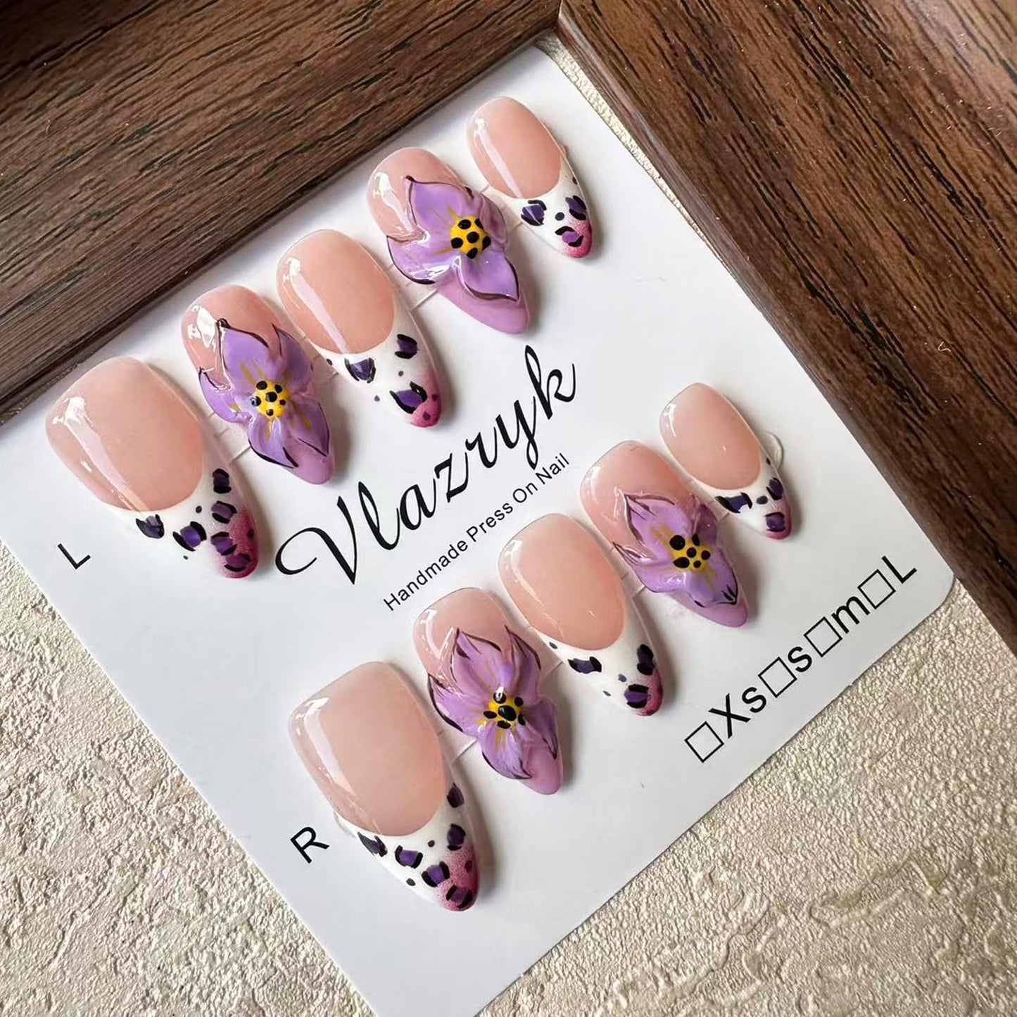 Vlazryk Luxury Handmade Press On Nails | Purple French Almond with 3D Flowers