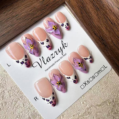 Vlazryk Luxury Handmade Press On Nails | Purple French Almond with 3D Flowers