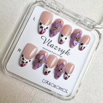 Vlazryk Luxury Handmade Press On Nails | Purple French Almond with 3D Flowers
