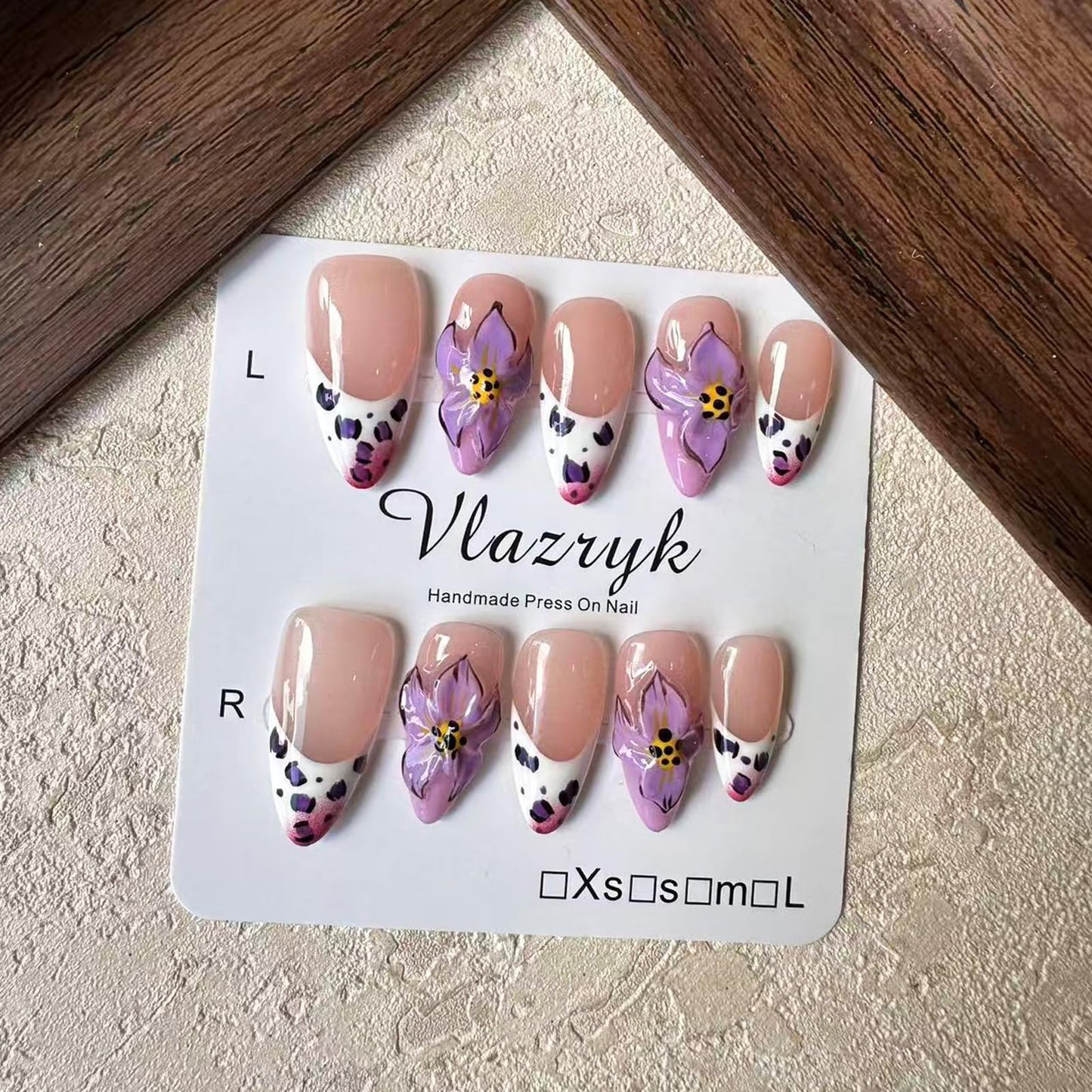 Vlazryk Luxury Handmade Press On Nails | Purple French Almond with 3D Flowers