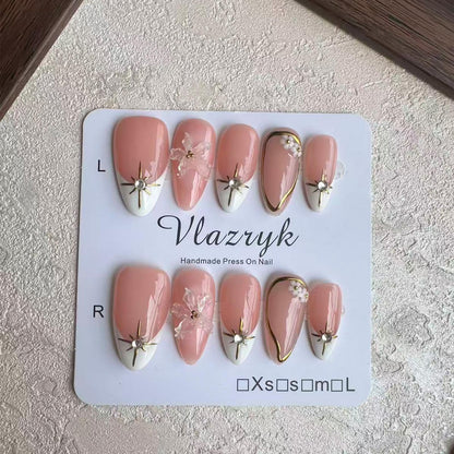 Vlazryk Short Brown French Tip Press-On Nails – 3D Metallic Rhinestones, Reusable (10 PCS)