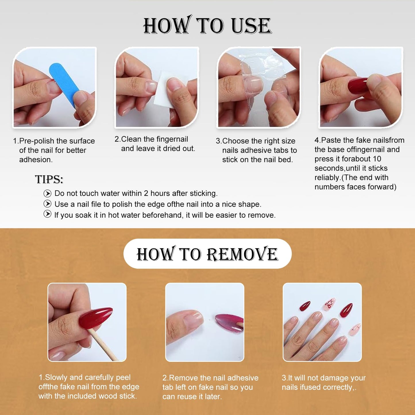 Vlazryk Short Brown French Tip Press-On Nails – 3D Metallic Rhinestones, Reusable (10 PCS)