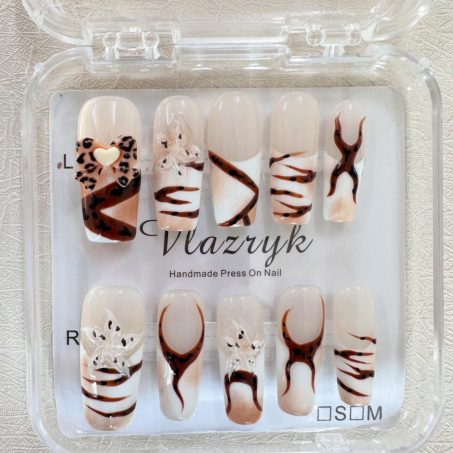 Vlazryk Handmade Press-On Nails with Charms – Long Square French Tips, Stars, Leopard & 3D Flower Embossed Design