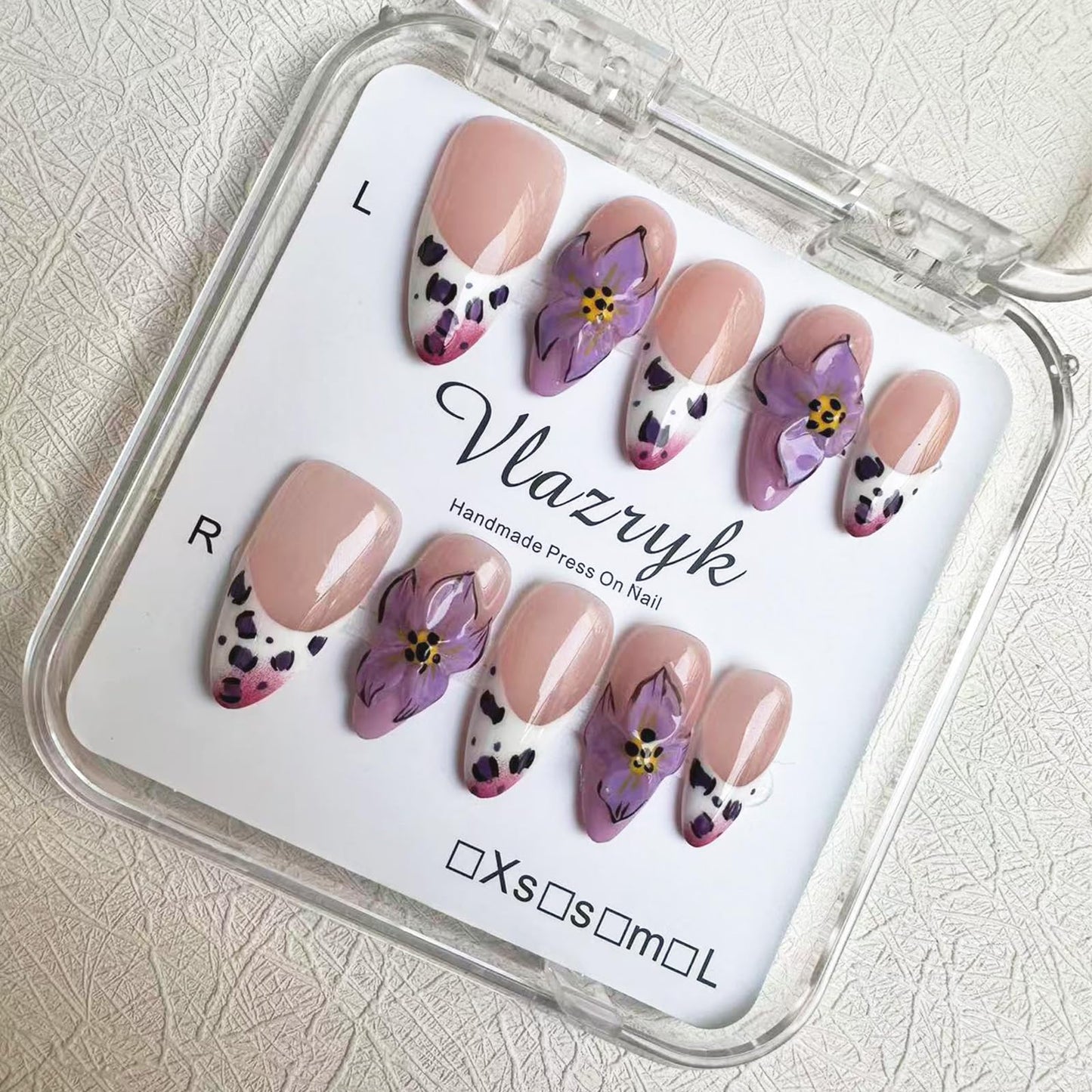 Vlazryk Luxury Handmade Press On Nails – Purple French Almond with 3D Flowers, Autumn-Winter Gradient (10pcs)