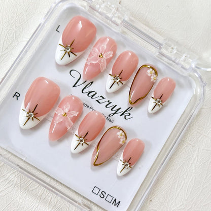 Vlazryk Short Brown French Tip Press-On Nails – 3D Metallic Rhinestones, Reusable (10 PCS)