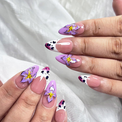 Vlazryk Luxury Handmade Press On Nails – Purple French Almond with 3D Flowers, Autumn-Winter Gradient (10pcs)