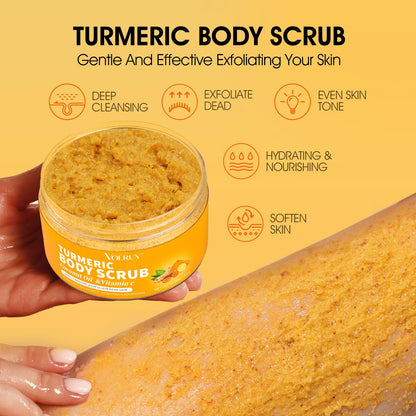 VOERUY Turmeric Body Scrub – Exfoliating Salt Scrub with Coconut Oil & Vitamin C, 11.28 oz