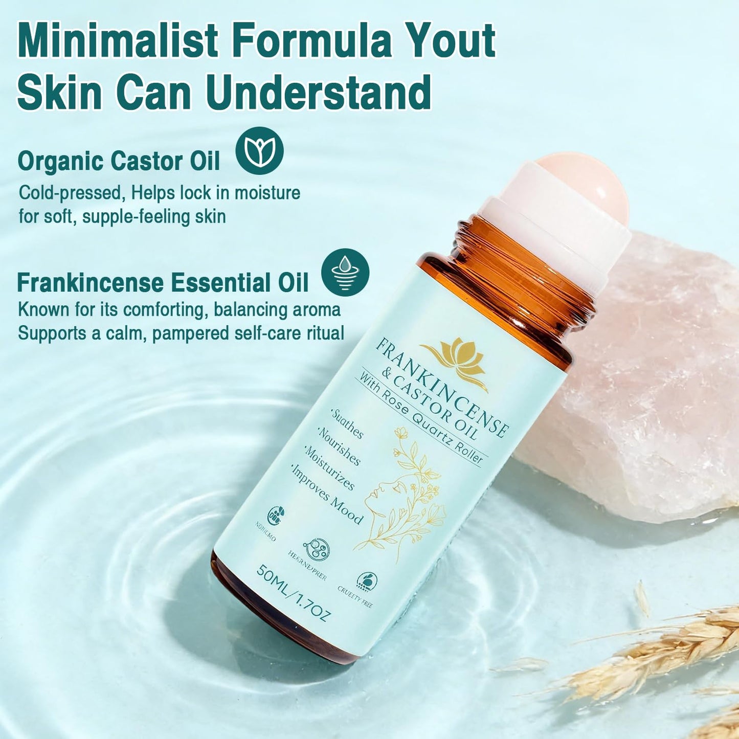 VOGUZY Frankincense & Castor Oil Rose Quartz Roller – Organic Cold-Pressed, 50ML/1.7oz