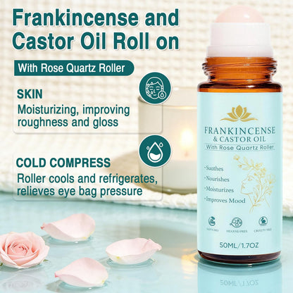 VOGUZY Frankincense & Castor Oil Rose Quartz Roller – Organic Cold-Pressed, 50ML/1.7oz