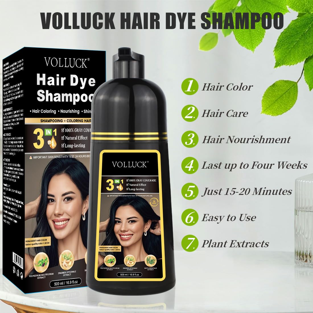 VOLLUCK Hair Dye Shampoo 3-in-1 for Gray Coverage | Long-Lasting Color