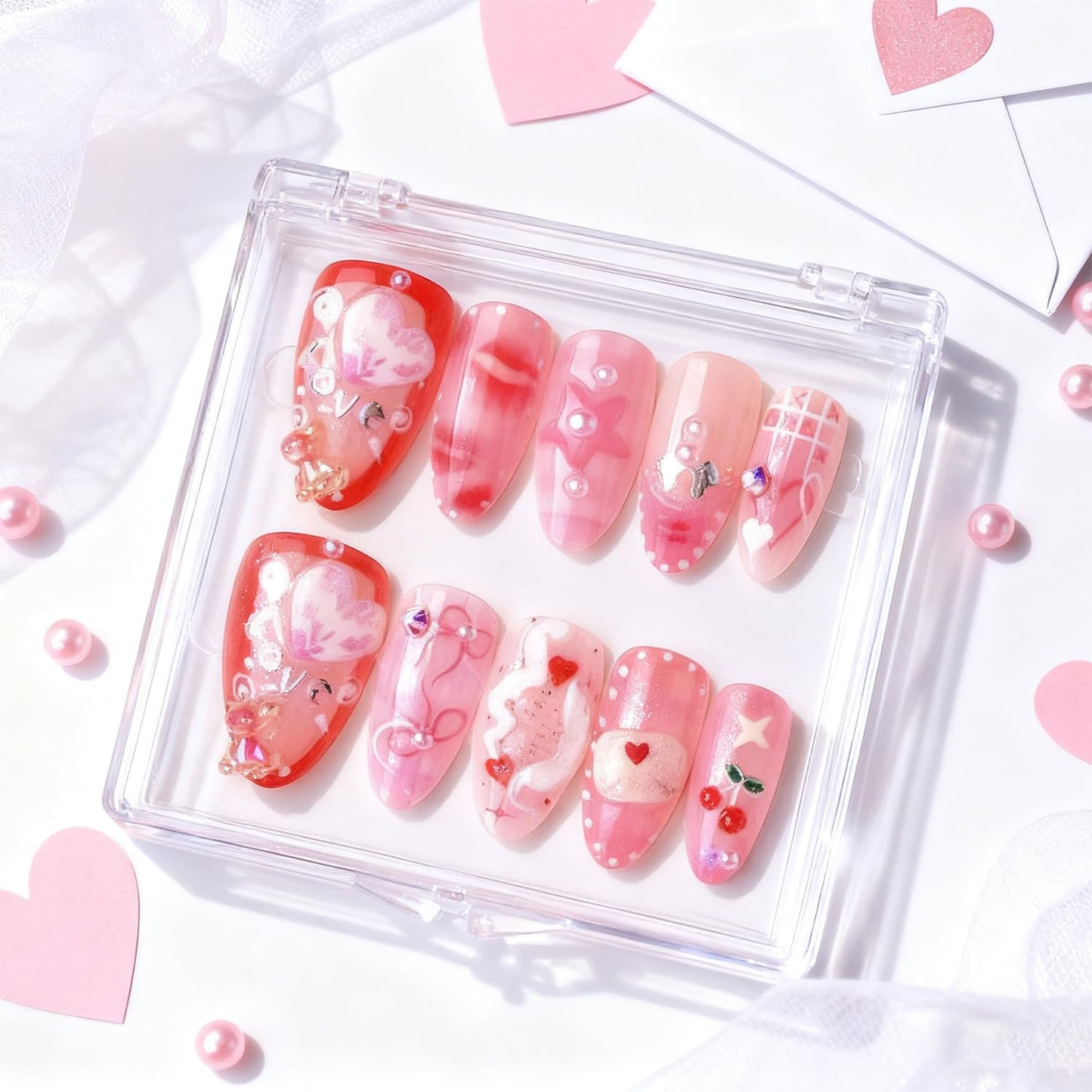 Vopintpy Romantic Valentines Press-On Nails – 24-Piece Medium Almond Set with Little Bear, Pink Heart Bow, Cherry & Star Designs