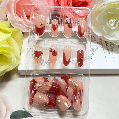 Vopintpy Romantic Valentines Press On Nails – 24 Pcs Red Heart 3D Design with Gold Stars & Pearl Shine