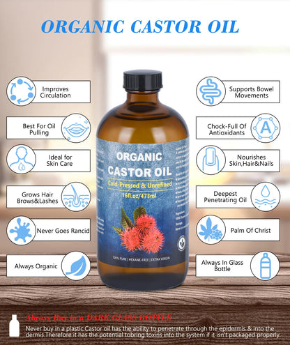 VRJEUGO Organic Castor Oil – Cold Pressed, Unrefined, 16oz in Amber Glass