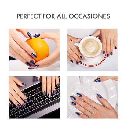 VSALON Press On Nails Short Almond - Blue Cat Eye Chrome Kit | 32 Pcs, 16 Sizes, Midnight Tide