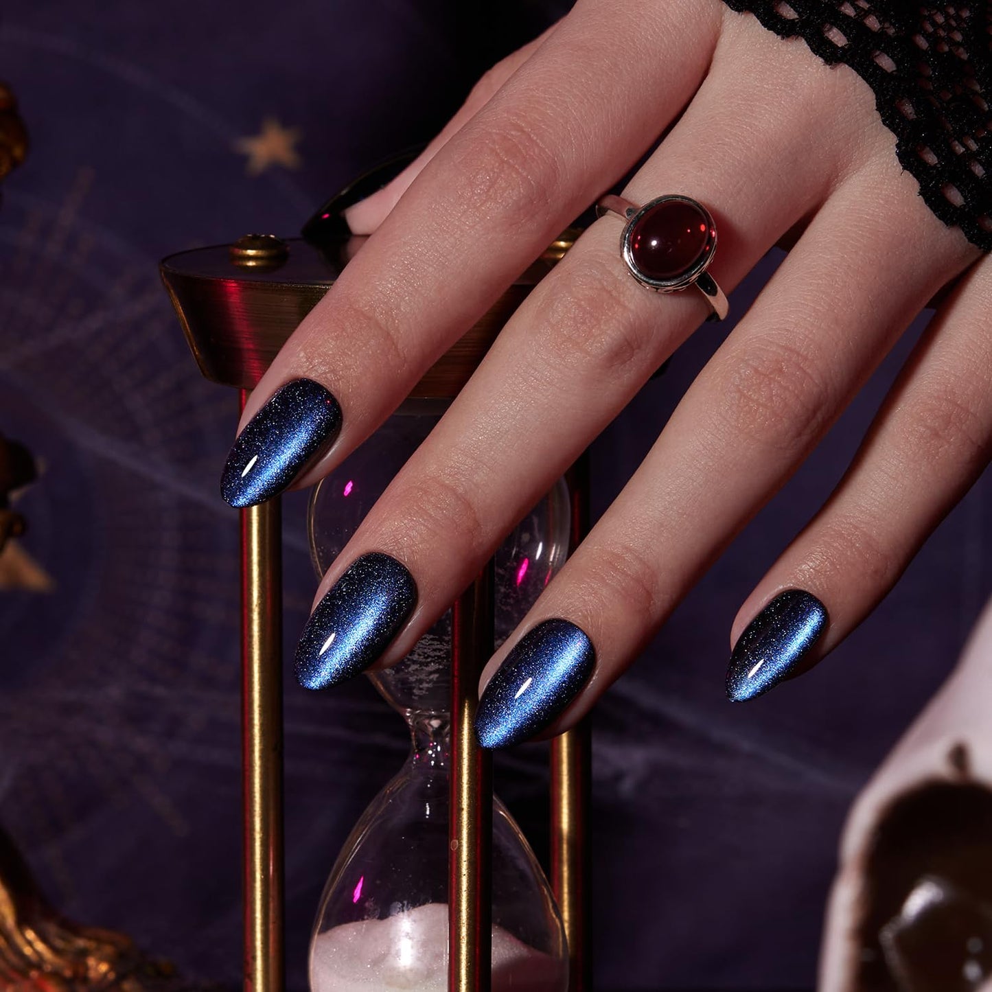 VSALON Press On Nails Short Almond - Blue Cat Eye Chrome Kit | 32 Pcs, 16 Sizes, Midnight Tide
