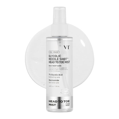 VT COSMETICS 7% Glycolic Acid Reedle Shot Head-to-Toe Mist with Niacinamide & Hyaluronic Acid – Exfoliating Spray for Texture & KP