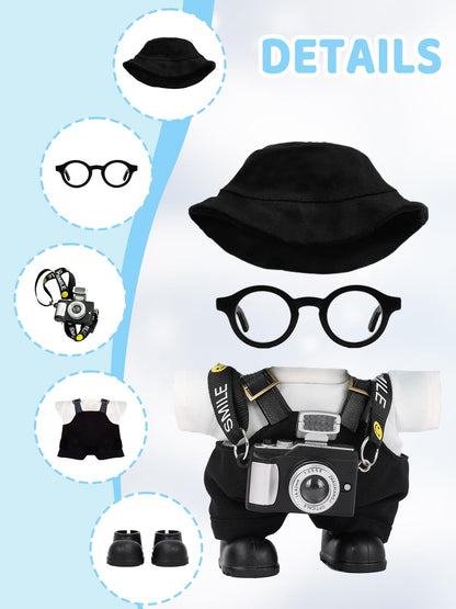 VVQUI 6-Piece LABUBU 17cm Doll Clothes Set – Hat, Overalls, Shirt, Camera, Glasses & Shoes (Black) – No Doll Included