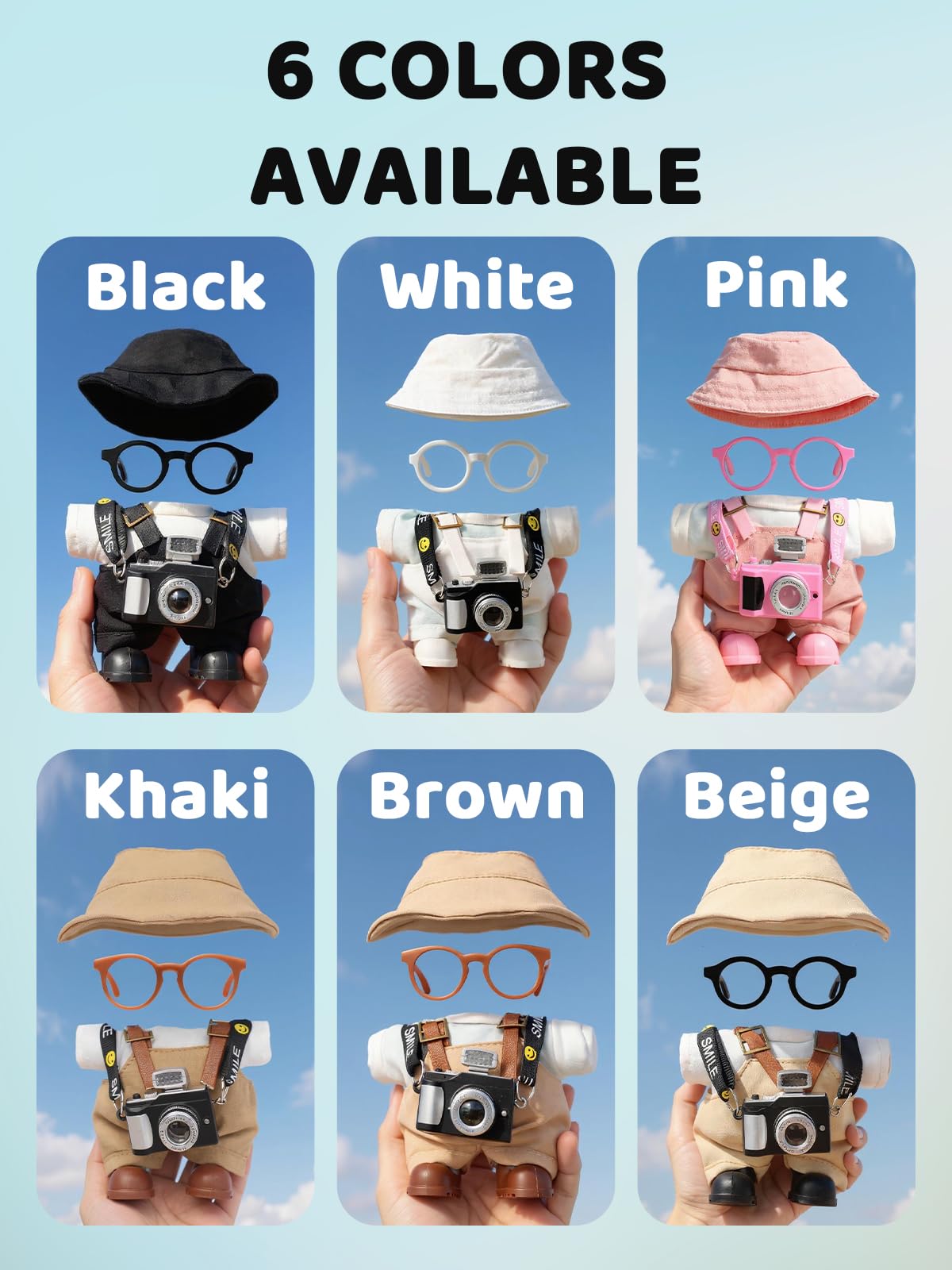 VVQUI 6-Piece LABUBU 17cm Doll Clothes Set – Hat, Overalls, Shirt, Camera, Glasses & Shoes (Black) – No Doll Included