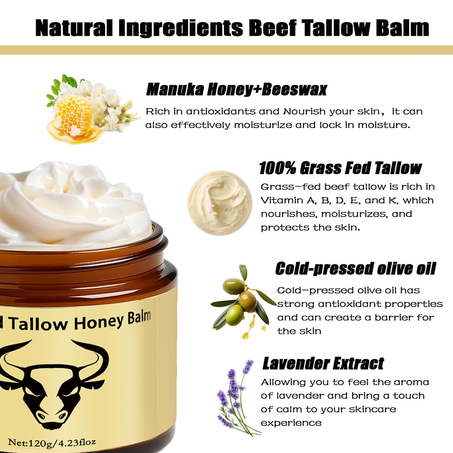 WAESKI Beef Tallow Balm with Honey & Lavender – Deep Hydration, 2.11oz