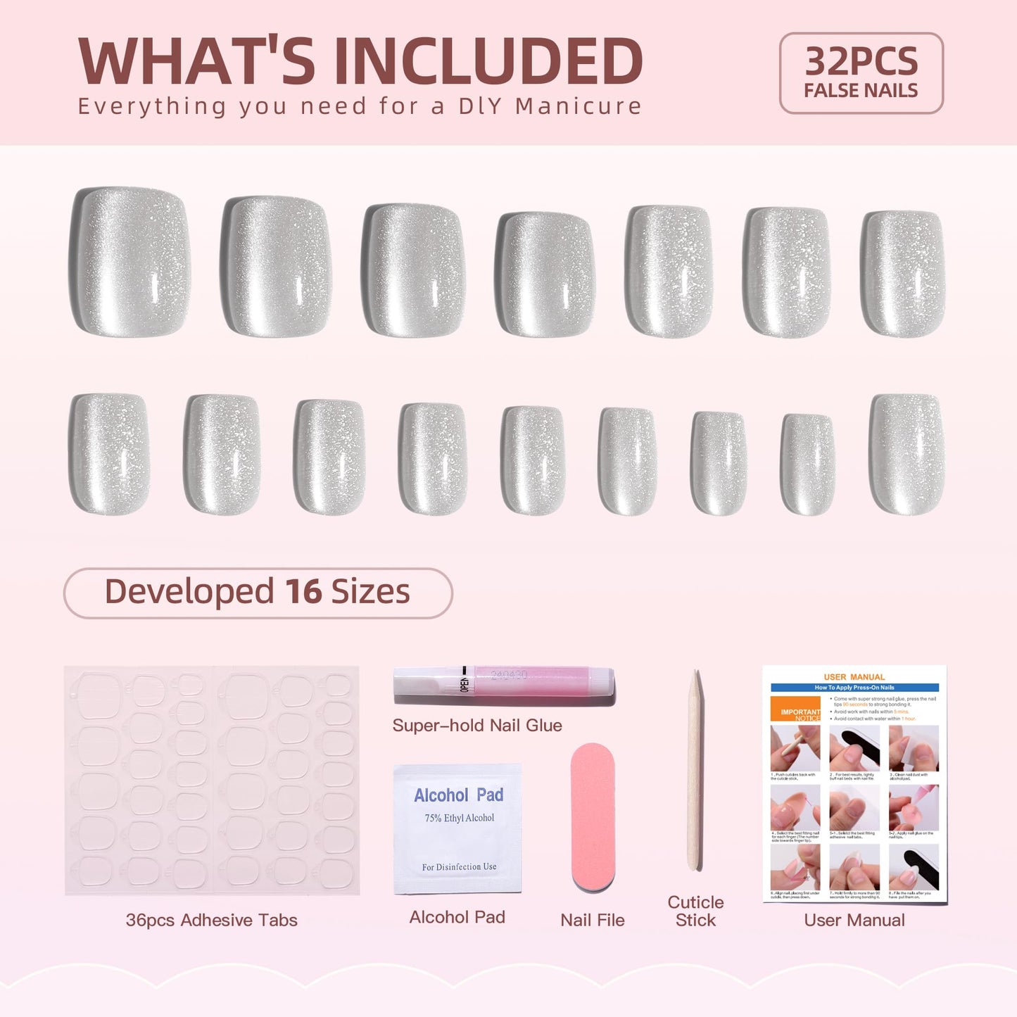 WAFOLOZE Gel Press On Nails Square – Silver Cats-Eye Design, 32 Pcs, 16 Sizes