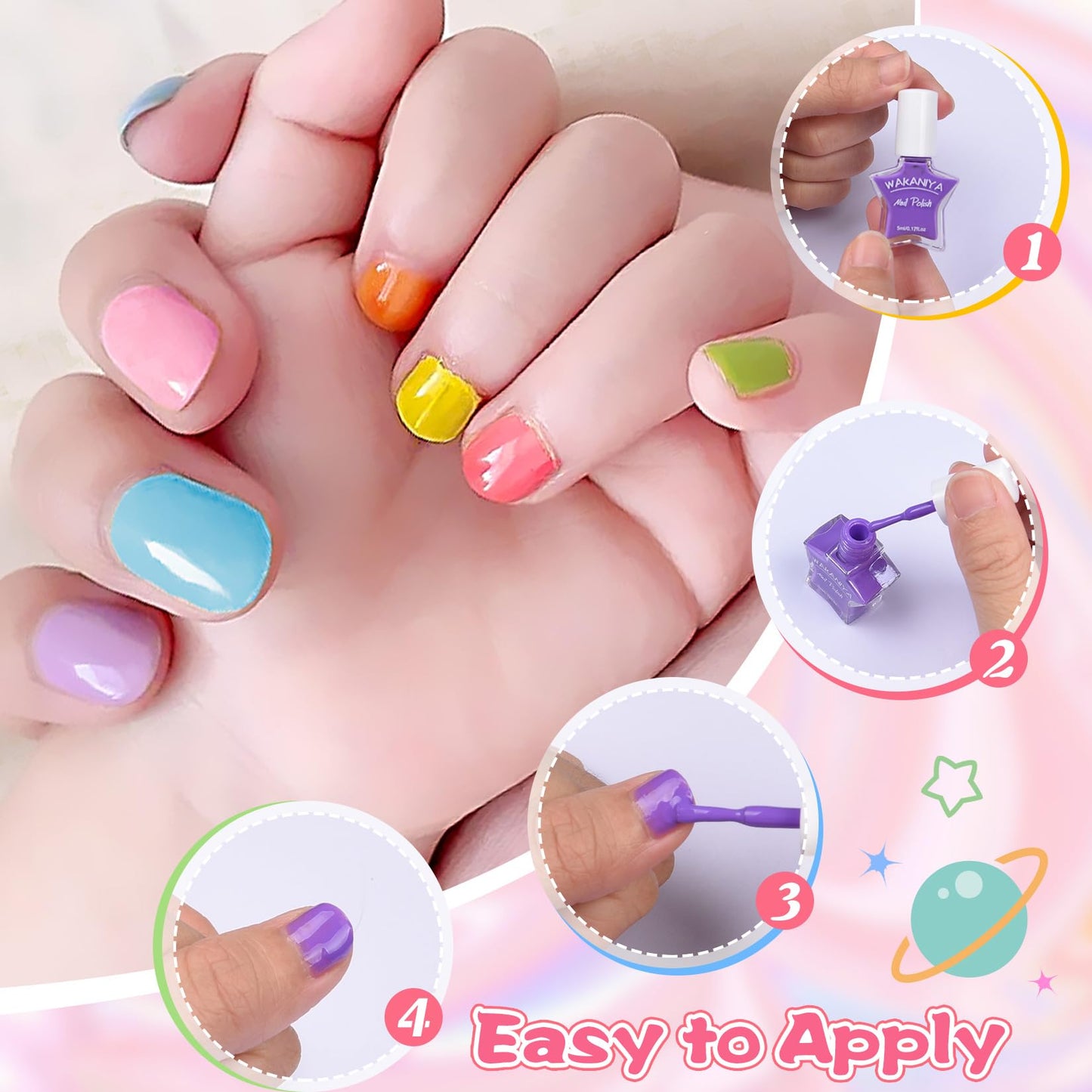 wakaniya Kids Nail Polish Set – 12 Rainbow Colors, Non-Toxic Water-Based & Peel-Off, Quick-Dry for Girls 3+