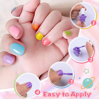 wakaniya Kids Nail Polish Set – 12 Rainbow Colors, Non-Toxic Water-Based & Peel-Off, Quick-Dry for Girls 3+