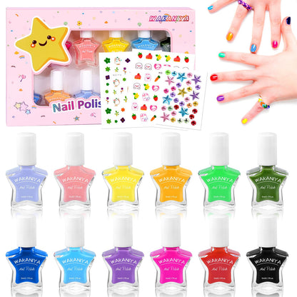 wakaniya Kids Nail Polish Set – 12 Rainbow Colors, Non-Toxic Water-Based & Peel-Off, Quick-Dry for Girls 3+