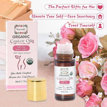 Warmify Organic Castor Oil with Rose Quartz Roll-On – 50ml, Cold-Pressed & Hexane-Free
