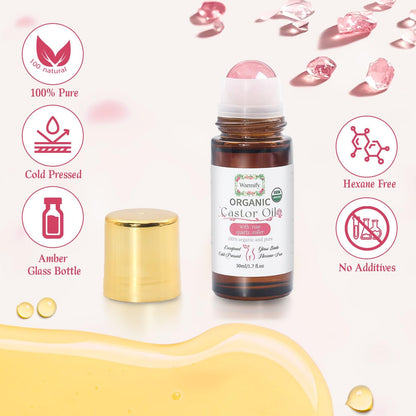 Warmify Organic Castor Oil with Rose Quartz Roll-On – 50ml, Cold-Pressed & Hexane-Free