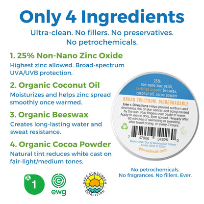 Waxhead Tinted Zinc Oxide Surf Sunscreen SPF 30 for Face | 4-Ingredient Reef-Safe Zinc Paste (2oz Tin)