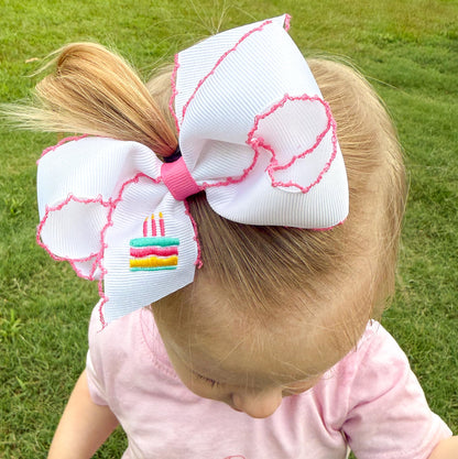 Wee Ones Girls' Grosgrain Hair Bow with Moonstitch Edge and Birthday Embroidery on WeeStay No-Slip Clip, Medium, Cake Stitch