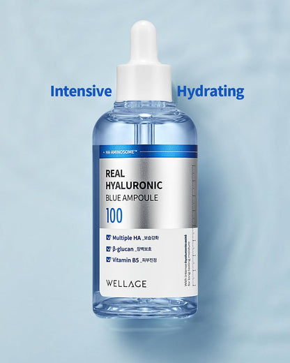 Wellage Real Hyaluronic Blue Ampoule 100% Pure Hyaluronic Acid — Fragrance-Free Korean Serum for Sensitive Dry Skin | 2.54 fl oz