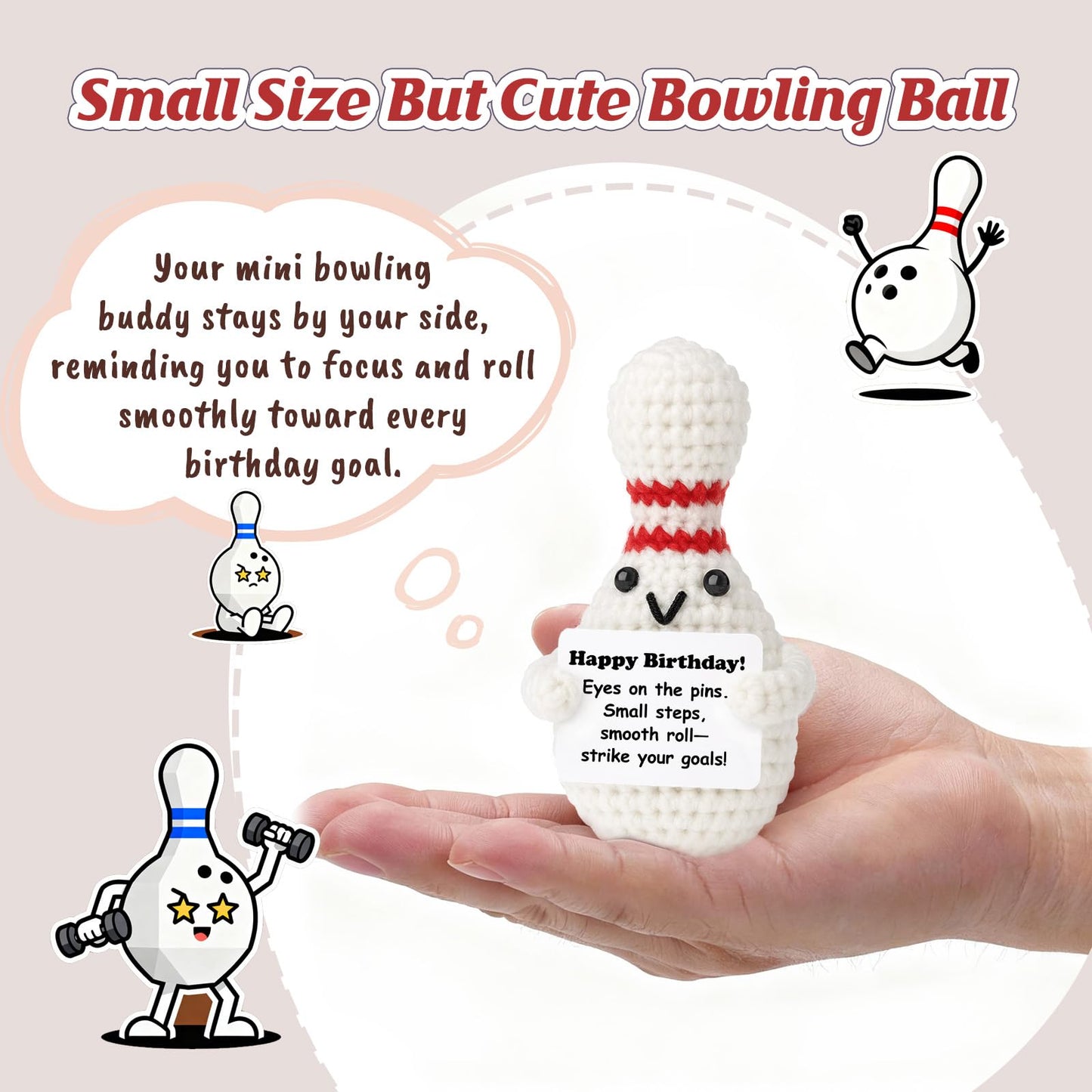 Weming Bowler Birthday Gift – Mini Crochet Bowling Ball Plush (4-inch) with Positive Sign