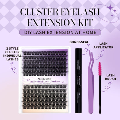 Wendy Lashes Lash Clusters Kit – DIY Home Extensions, Ultra-light, Natural Look, 12-16mm C Curl