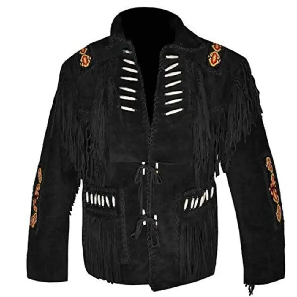 Men's Black Suede Western Fringe Leather Jacket