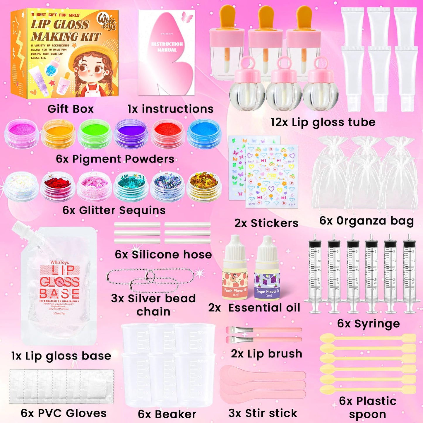 WhizToys DIY Lip Gloss Making Kit | Create Custom Glosses with 200ml Base & 12 Tubes