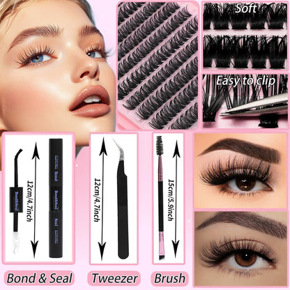WIGICD Lash Clusters Kit – 480 Pcs D Curl False Eyelashes 9-16mm | DIY at‐Home Extensions with Bond, Seal, Tweezers & Brush