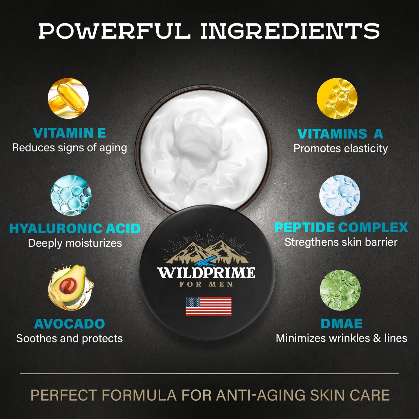 WildPRIME Men's Face Moisturizer Cream – Anti-Aging, Hyaluronic Acid, Avocado Oil – 4 oz USA Made