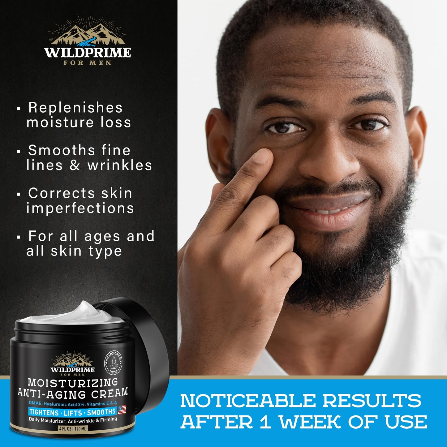 WildPRIME Men's Face Moisturizer Cream – Anti-Aging, Hyaluronic Acid, Avocado Oil – 4 oz USA Made