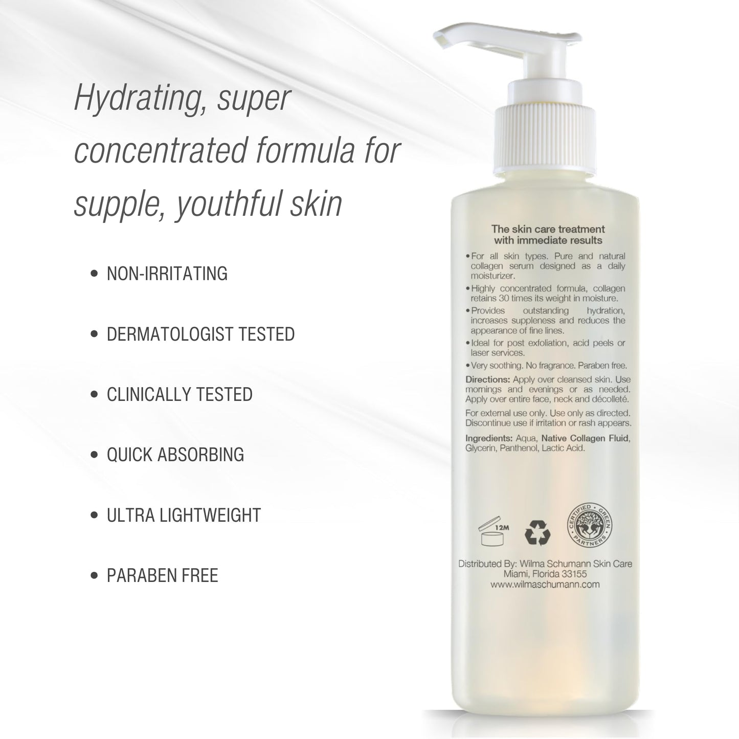 WILMA SCHUMANN Collagen Hydrating Serum – Lightweight Face Serum with Hyaluronic Acid, 8 oz